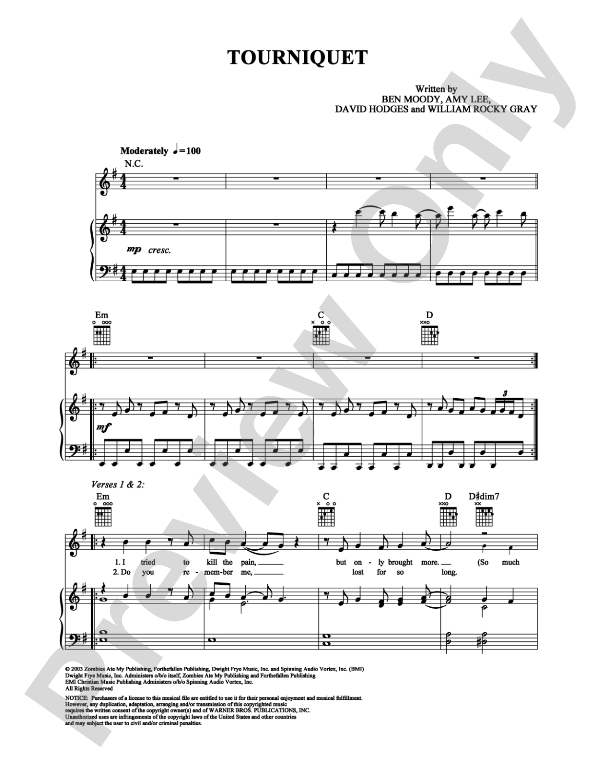 Tourniquet: Piano/Vocal/Chords Digital Sheet Music