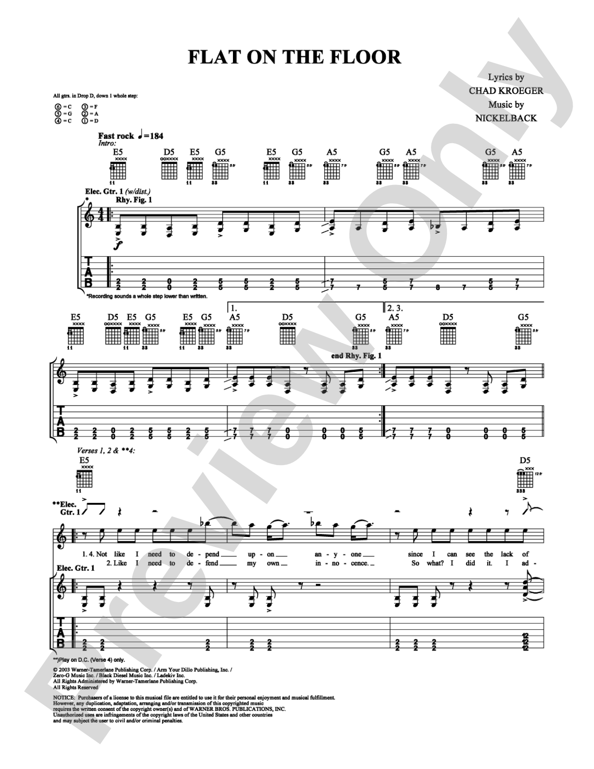 Flat on the Floor: Guitar TAB Digital Sheet Music