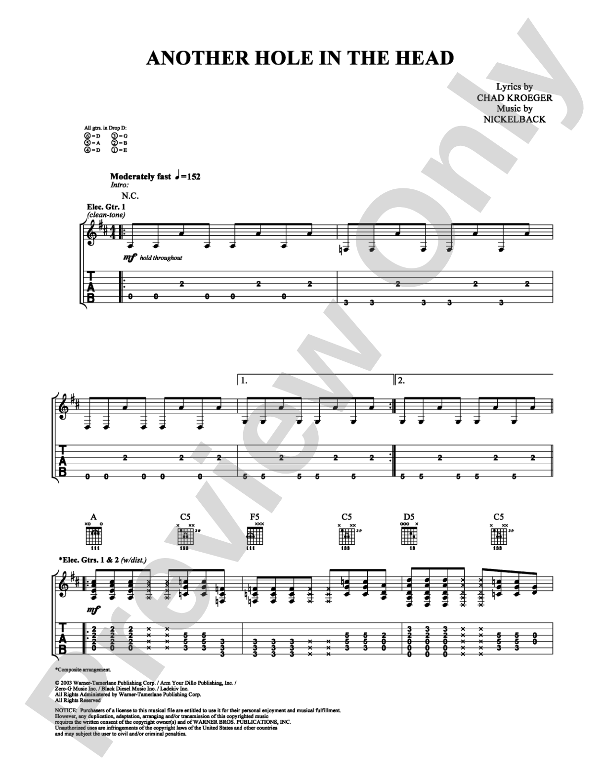 Another Hole in the Head: Guitar TAB Digital Sheet Music
