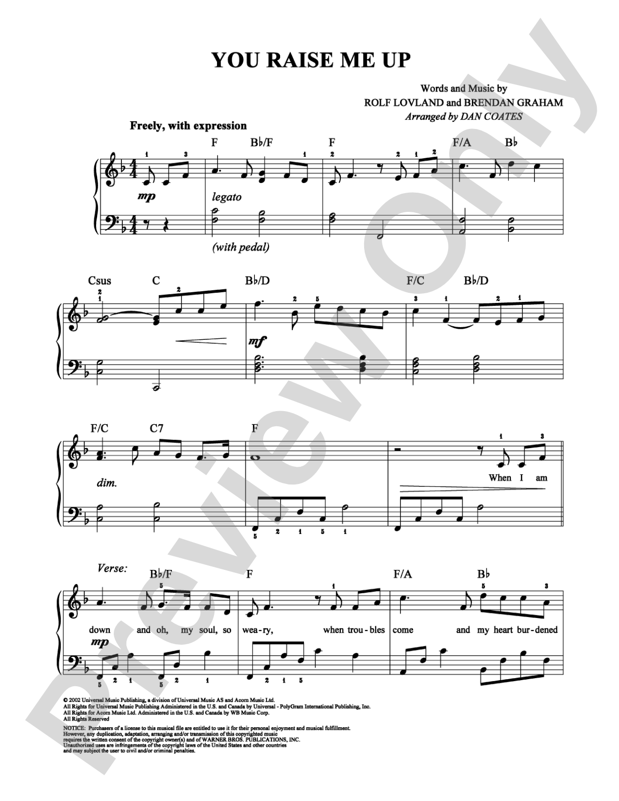 You Raise Me Up: Easy Piano Digital Sheet Music