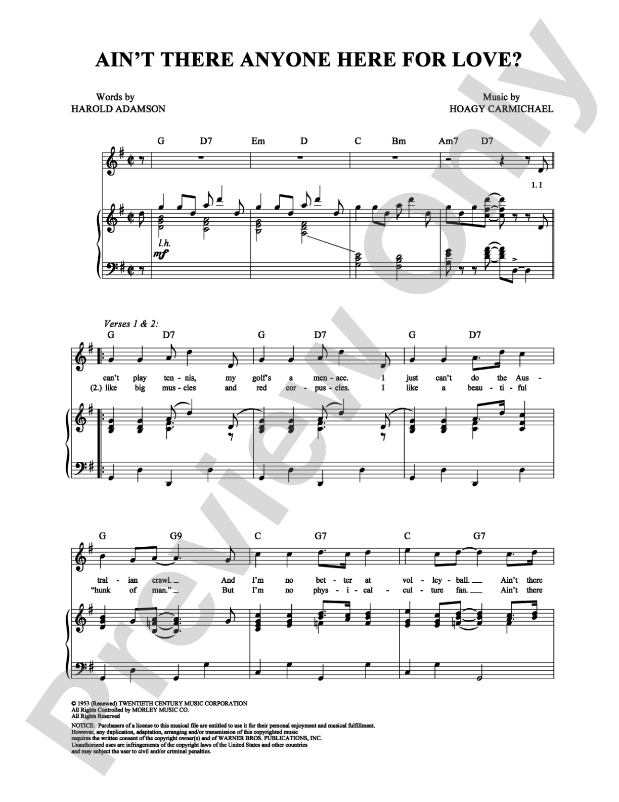 Ain't There Anyone Here for Love?: Piano/Vocal/Chords Digital Sheet Music