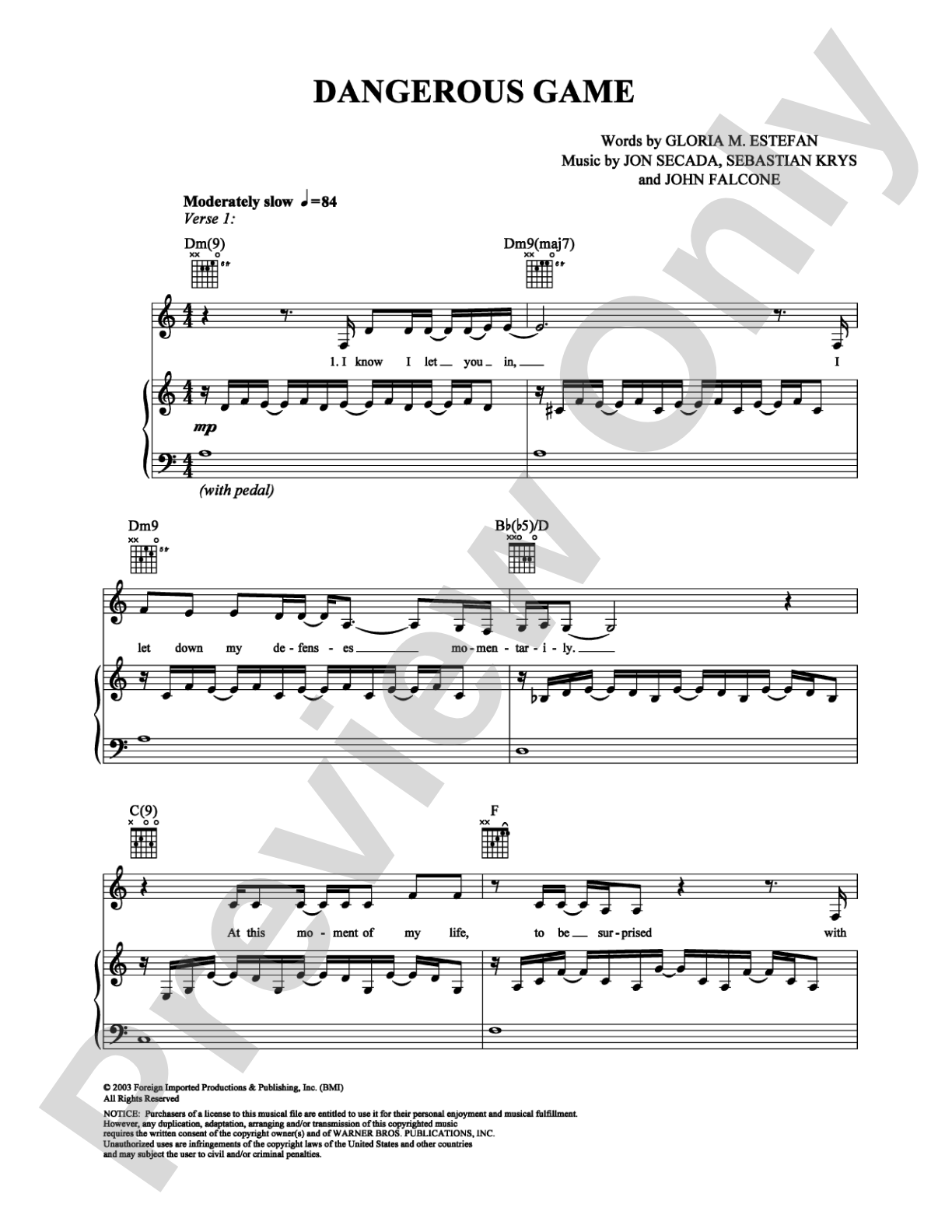 Dangerous Game: Piano/Vocal/Chords Digital Sheet Music