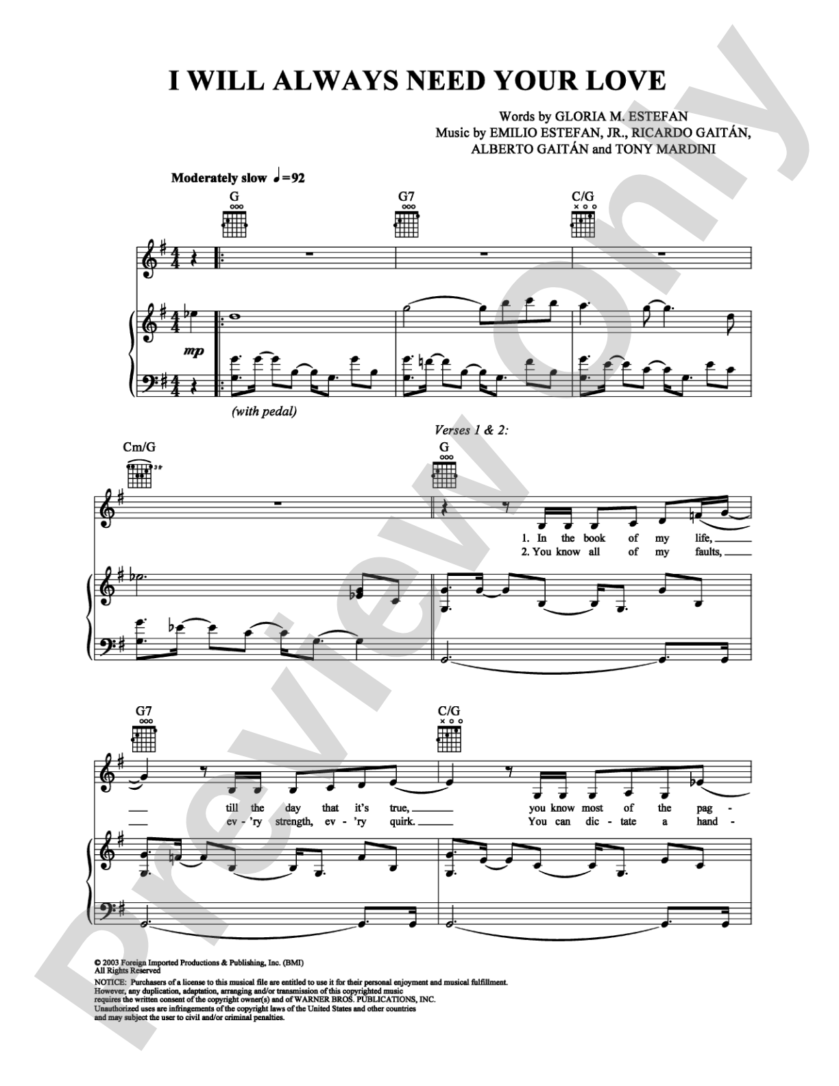 I Will Always Need Your Love: Piano/Vocal/Chords Digital Sheet Music