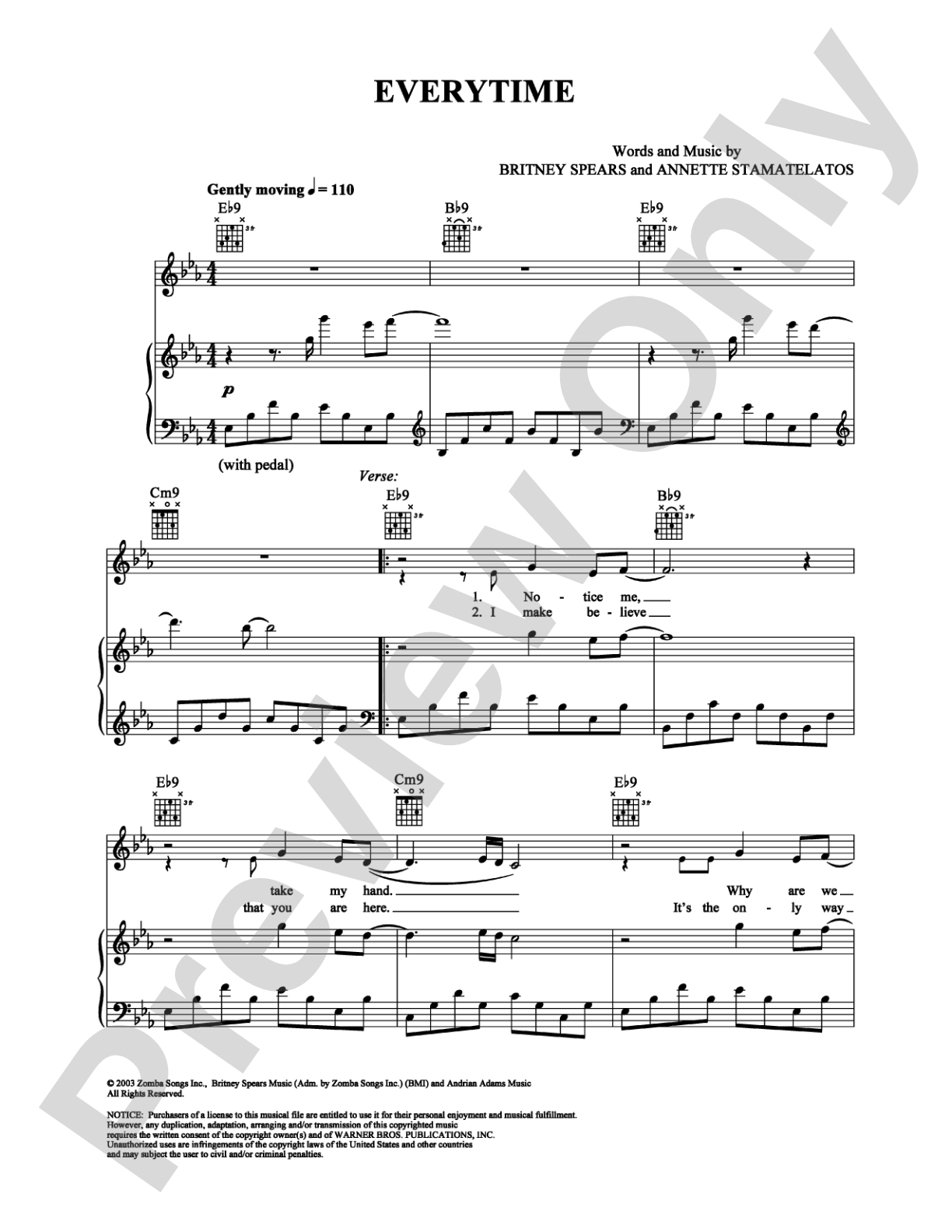 Everytime: Piano/Vocal/Chords Digital Sheet Music
