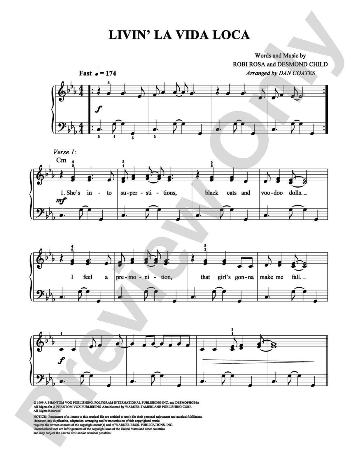 Livin' la Vida Loca: Easy Piano Digital Sheet Music