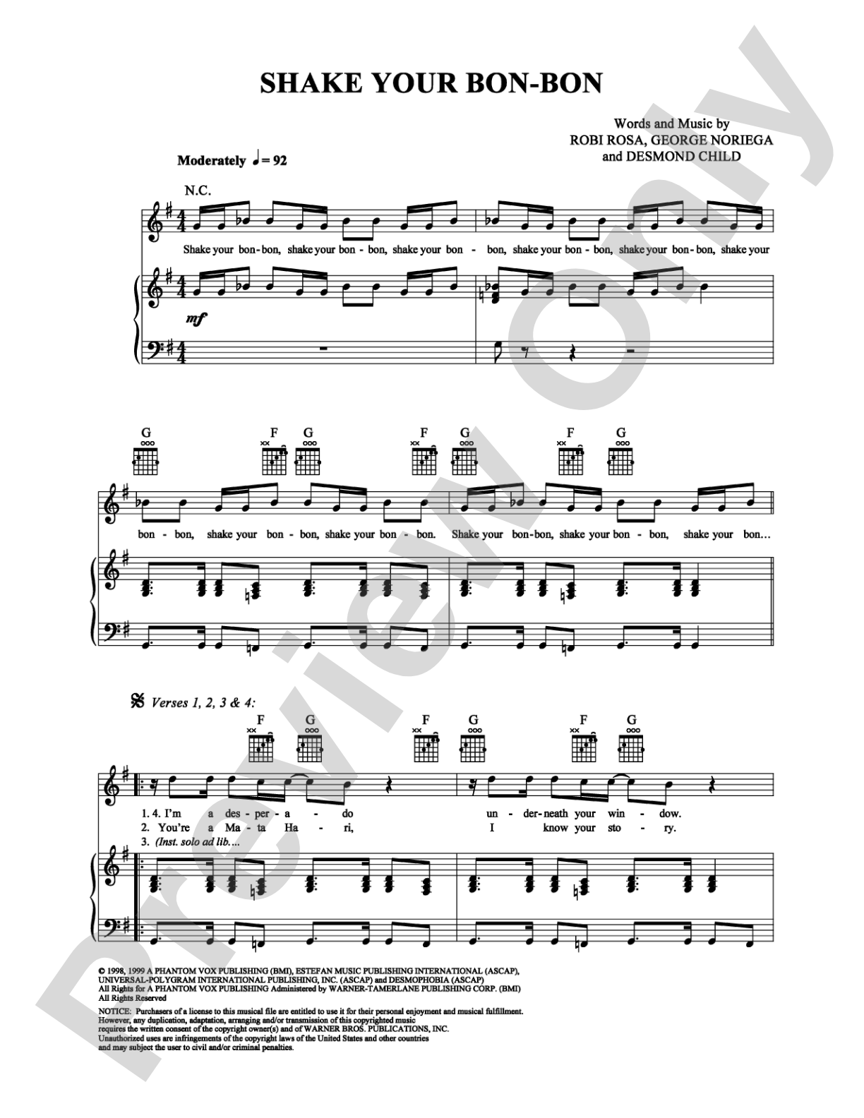Shake Your Bon-Bon: Piano/Vocal/Chords Digital Sheet Music