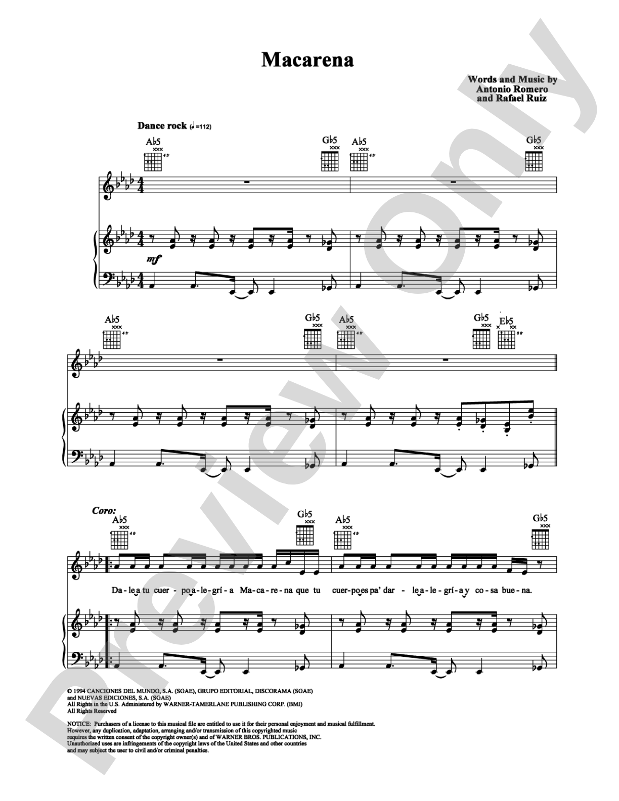 Macarena: Piano/Vocal/Chords Digital Sheet Music