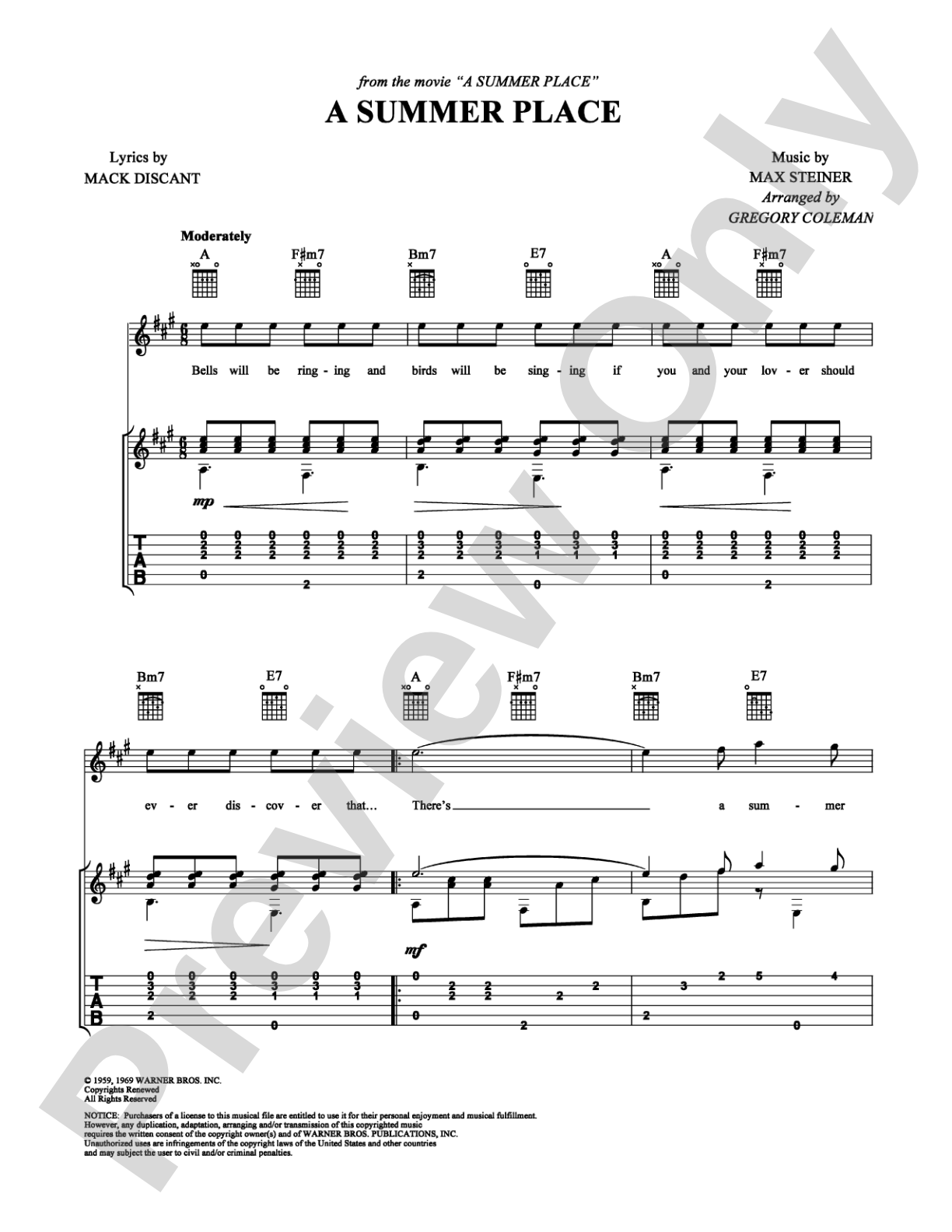 Theme from A Summer Place: Guitar TAB Digital Sheet Music