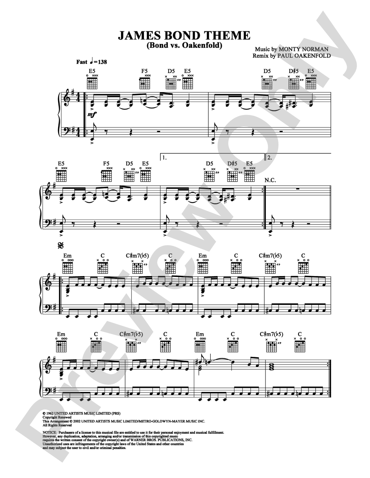 James Bond Theme (Bond vs. Oakenfold): Piano Digital Sheet Music