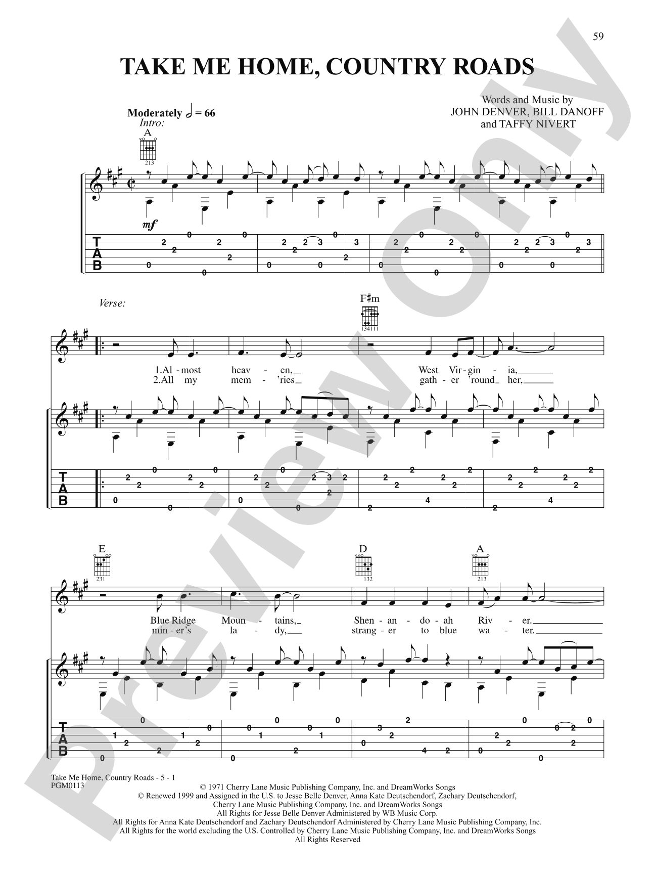 Take Me Home Country Roads: Interm./Easy Guitar TAB