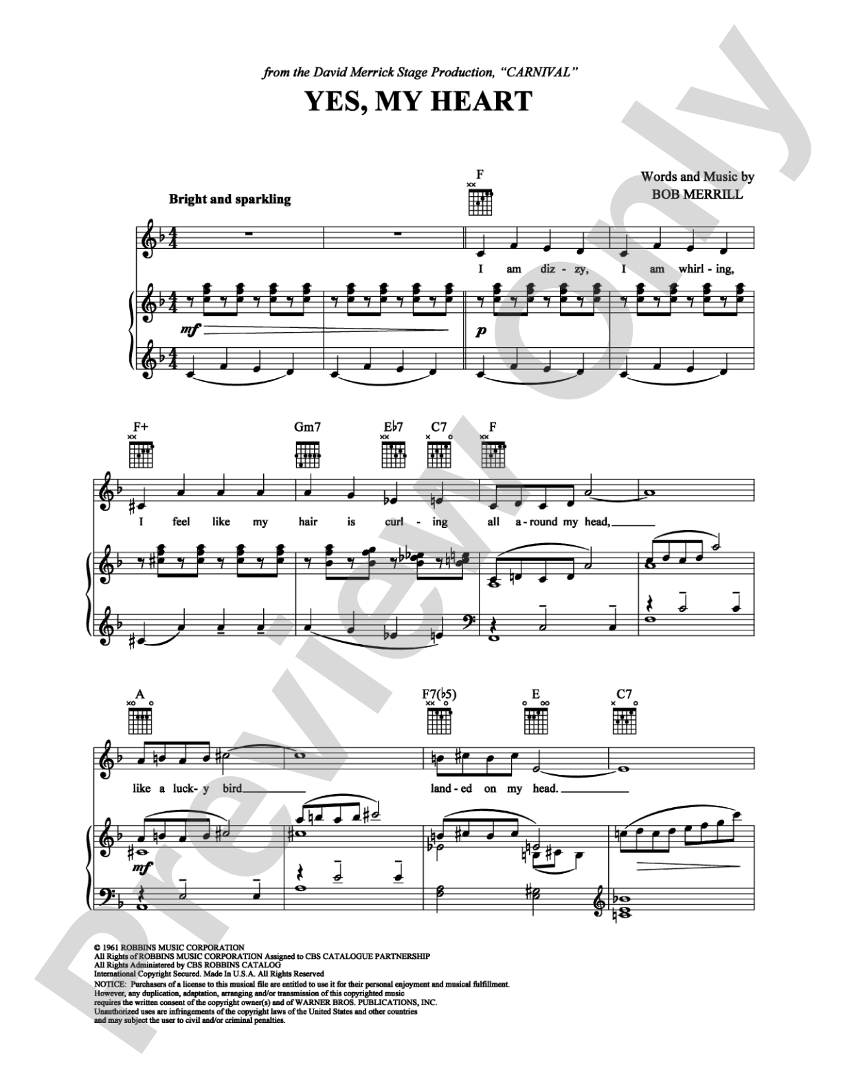 Yes, My Heart: Piano/Vocal/Chords Digital Sheet Music