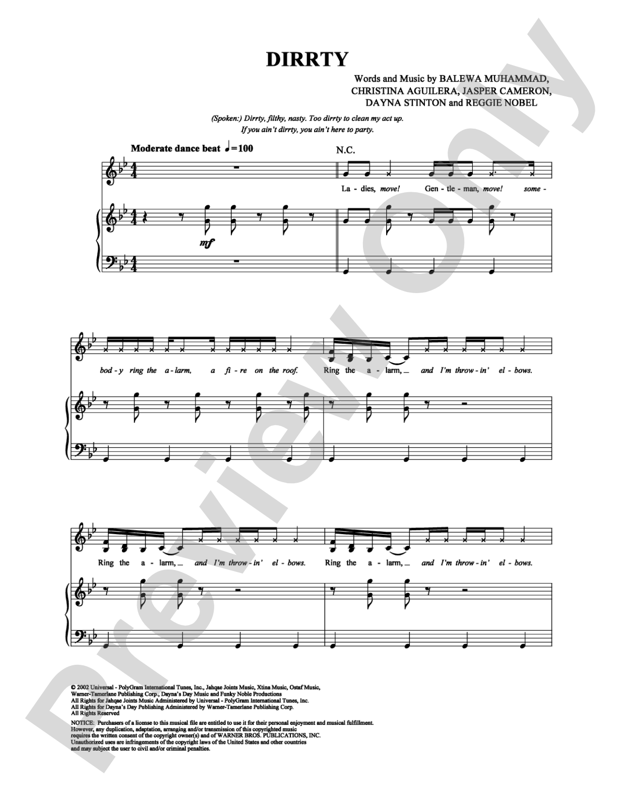 Dirrty: Piano/Vocal/Chords Digital Sheet Music