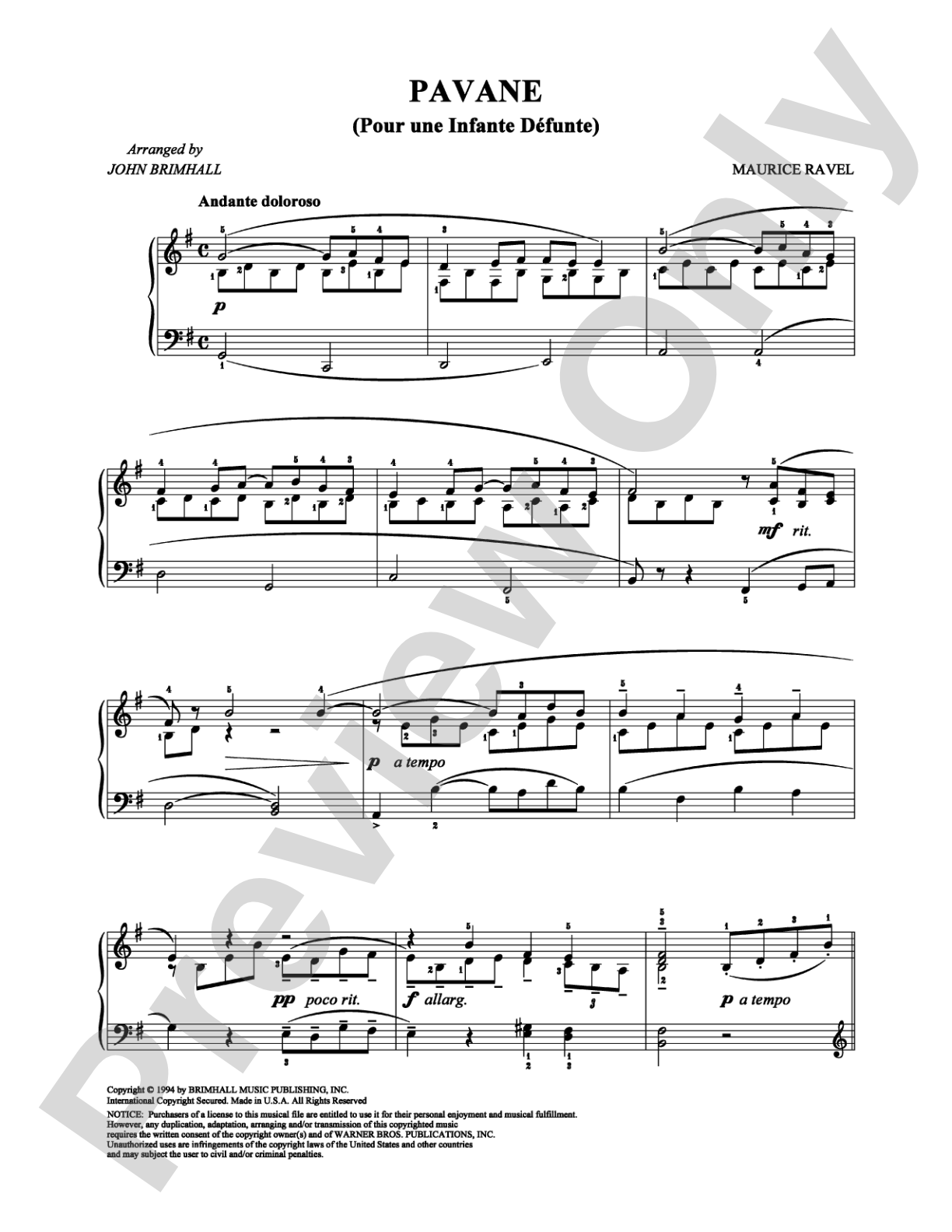 Pavane: Easy Piano Digital Sheet Music