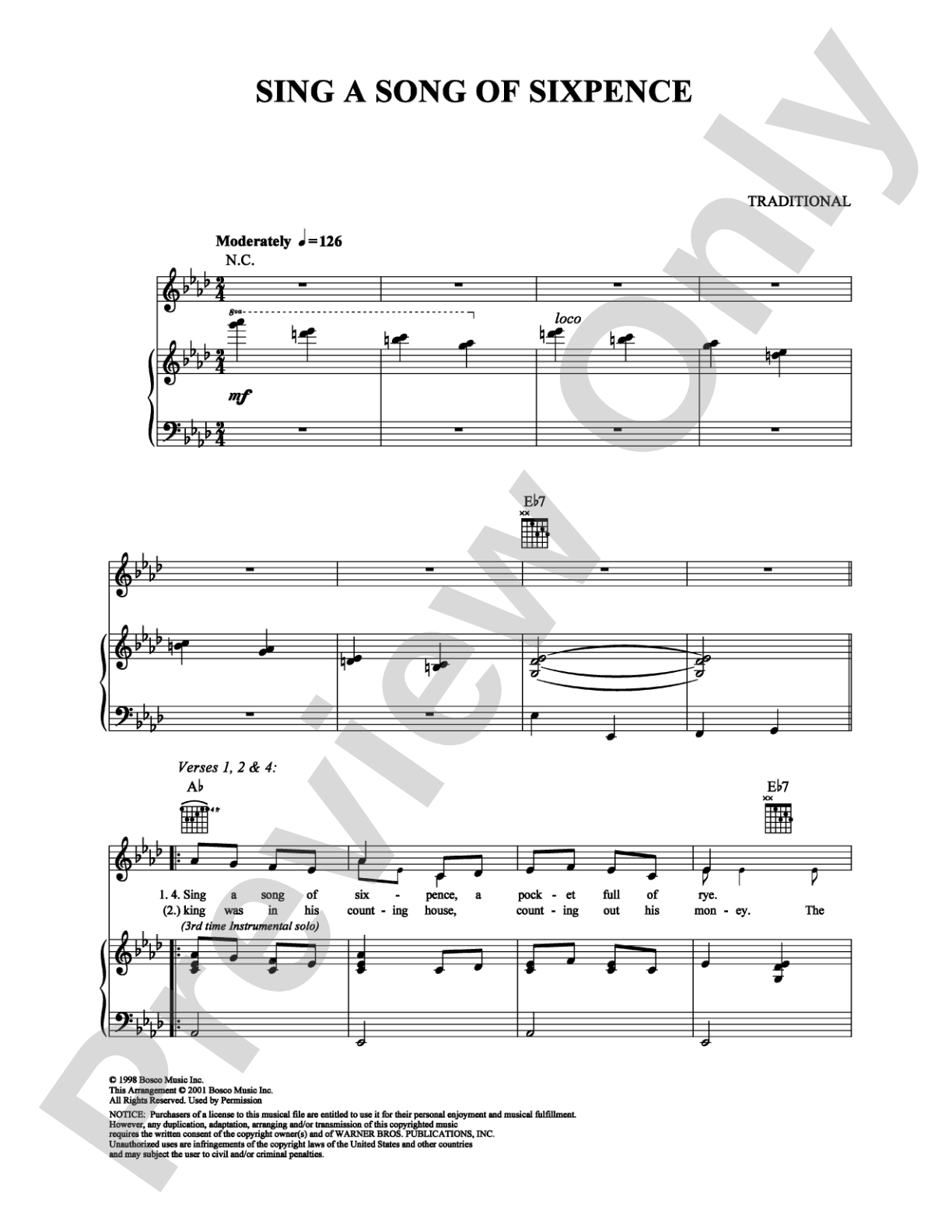 Sing a Song of Sixpence: Piano/Vocal/Chords Digital Sheet Music
