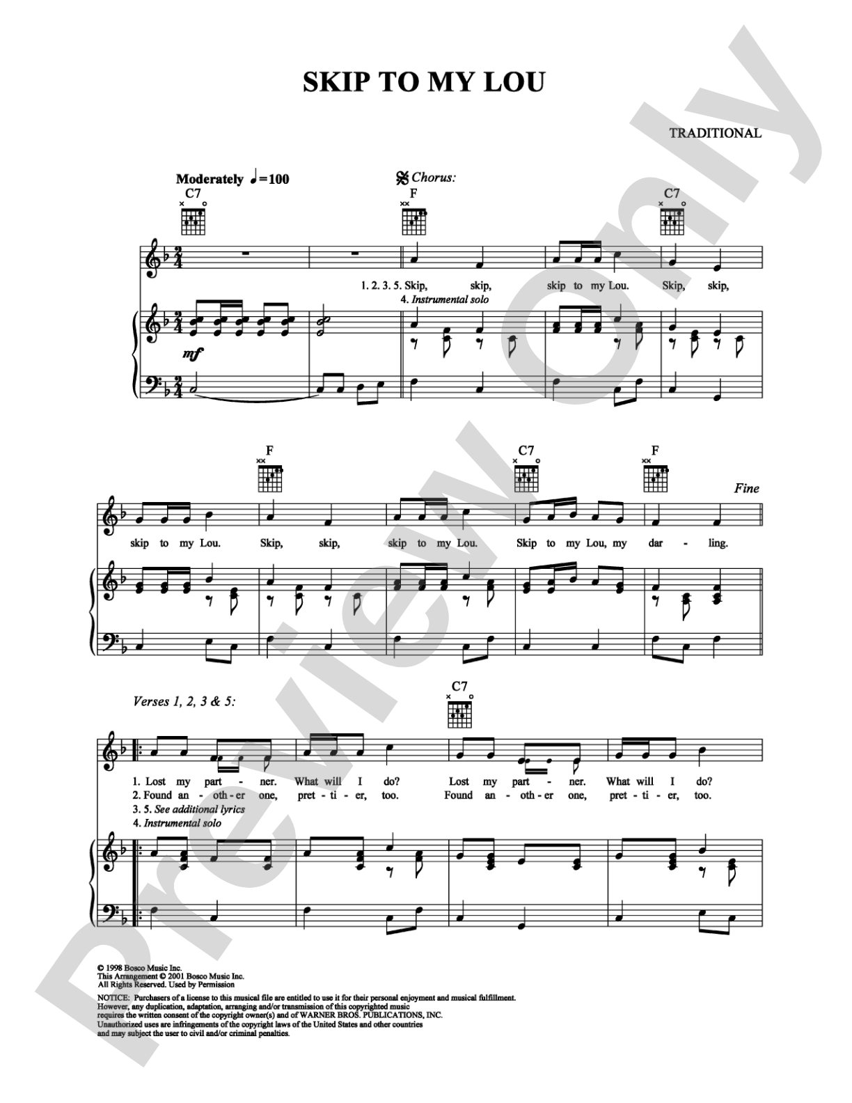 Skip to My Lou: Piano/Vocal/Chords Digital Sheet Music