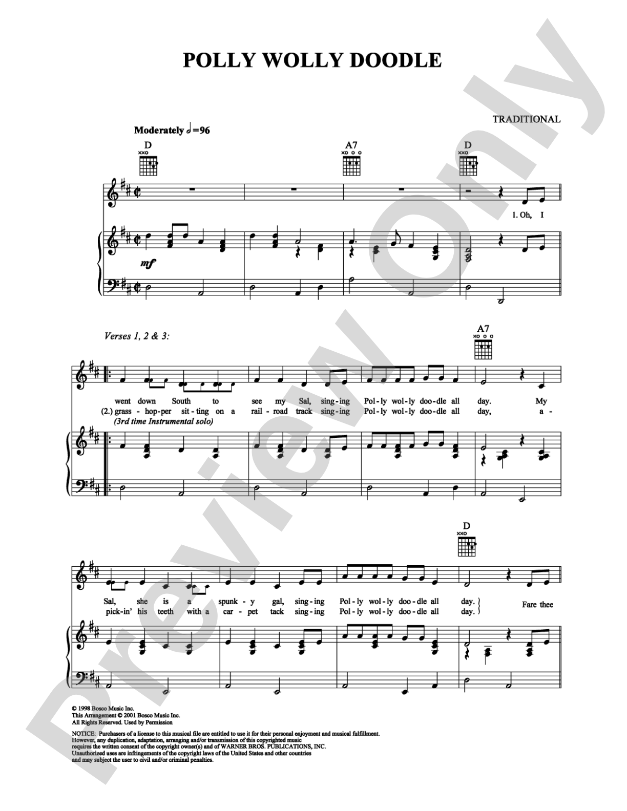 Polly Wolly Doodle: Piano/Vocal/Chords Digital Sheet Music