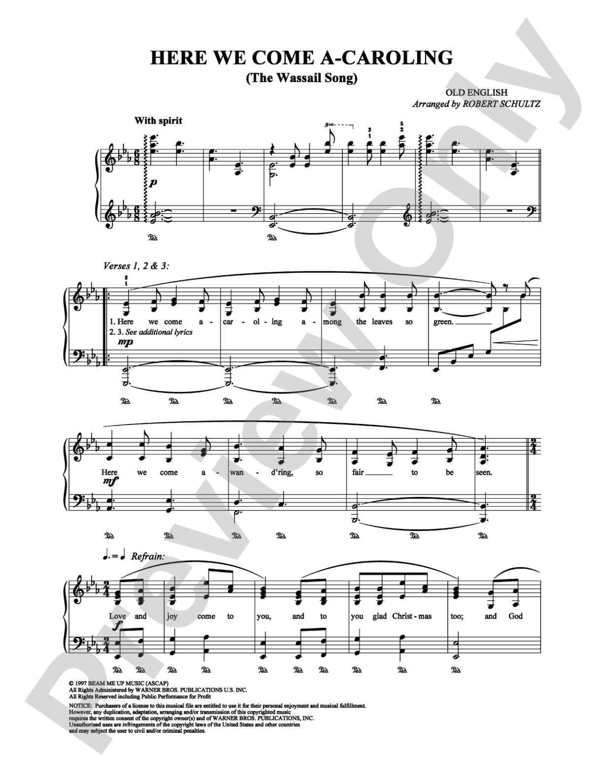 Here We Come A-Caroling (The Wassail Song): Piano/Vocal/Chords Digital Sheet Music