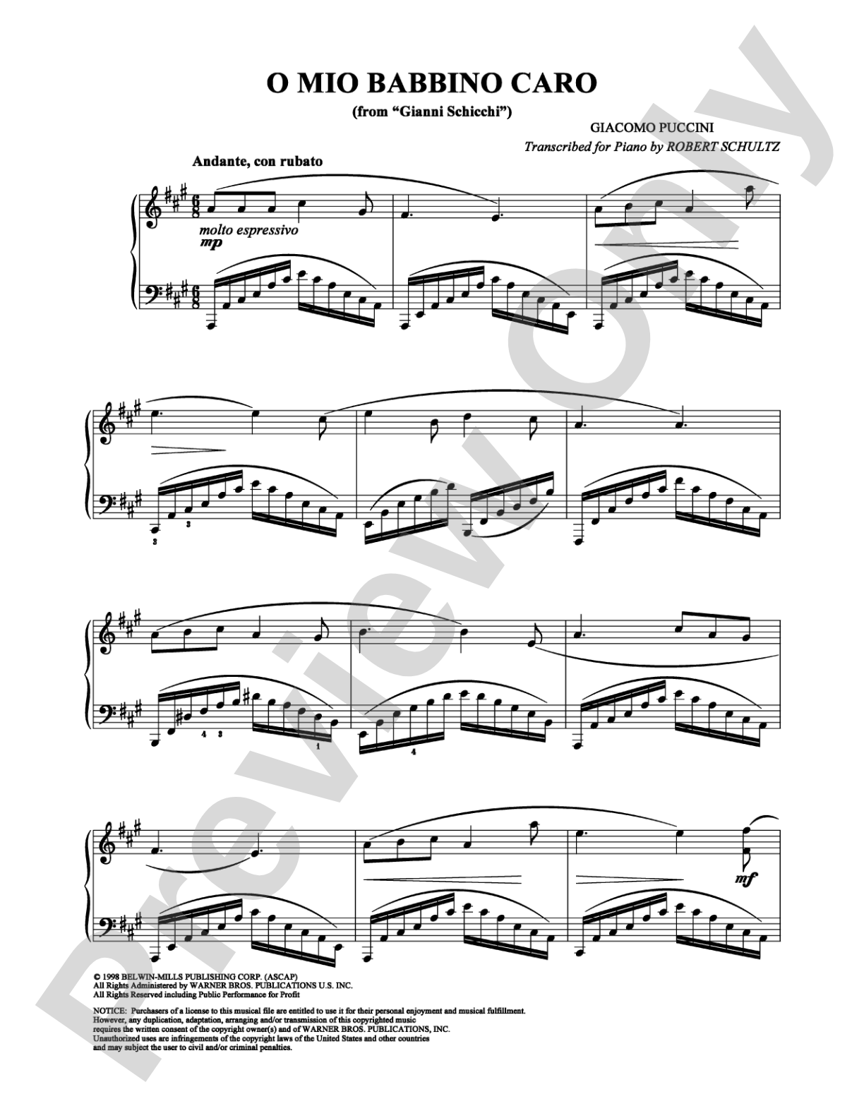 O mio babbino caro: Piano Digital Sheet Music