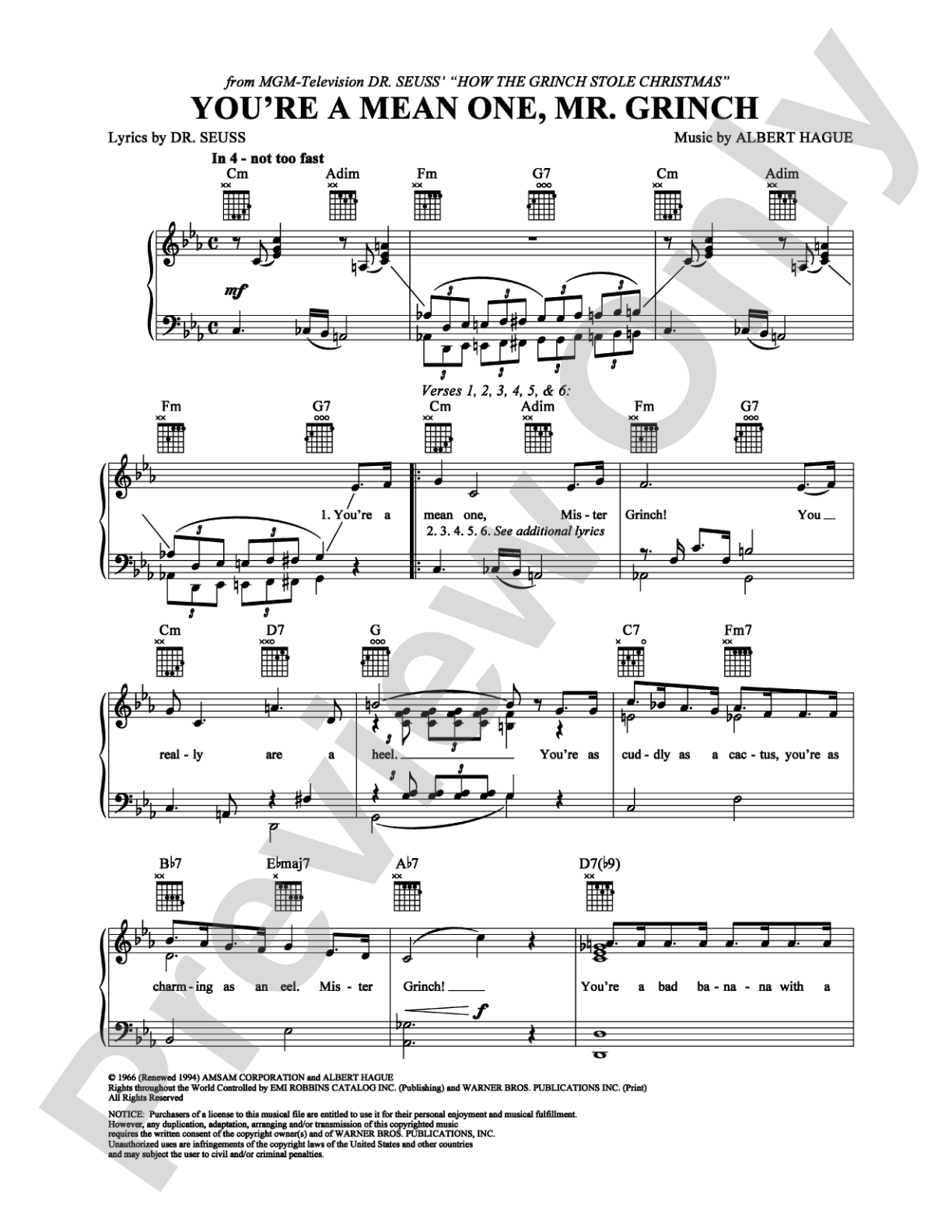 You're a Mean One, Mr. Grinch: Piano/Vocal/Chords Digital Sheet Music
