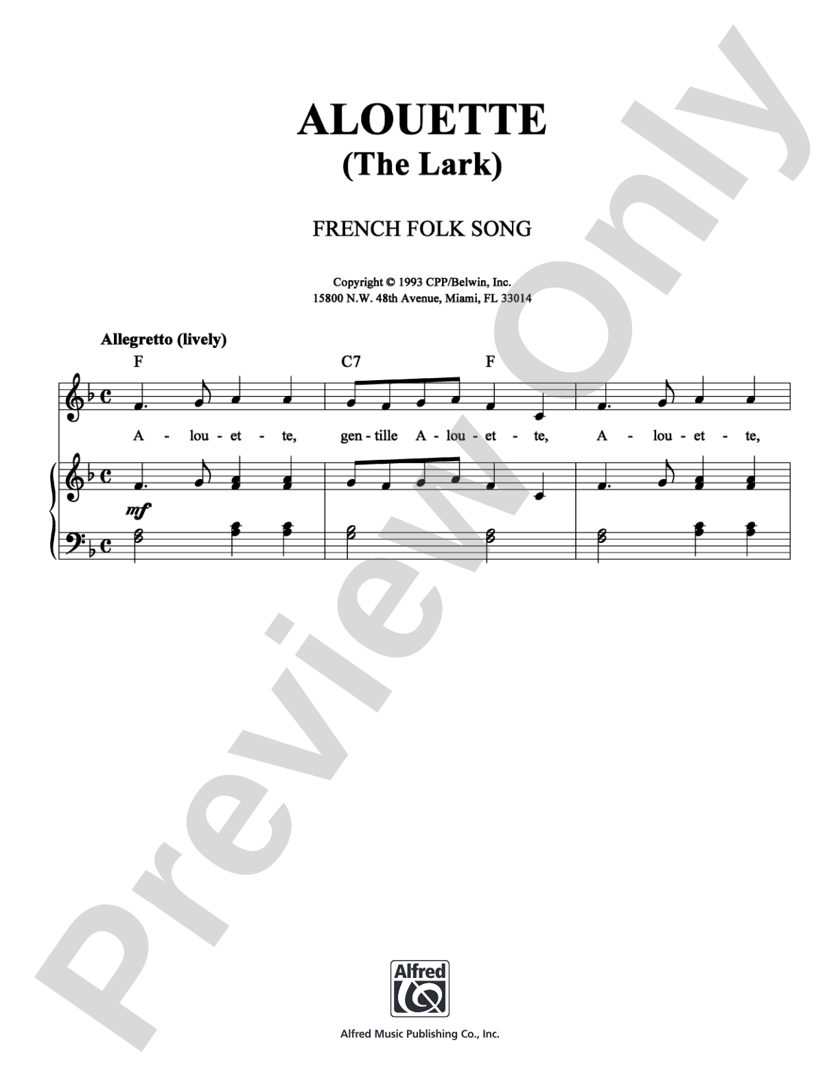 Alouette: Piano/Vocal/Chords Digital Sheet Music