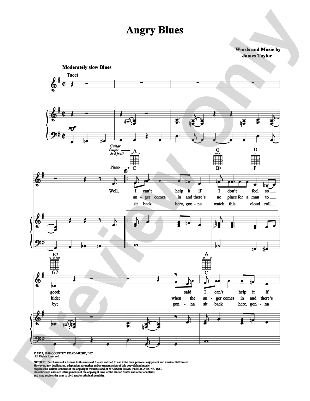 Angry Blues: Piano/Vocal/Chords Digital Sheet Music