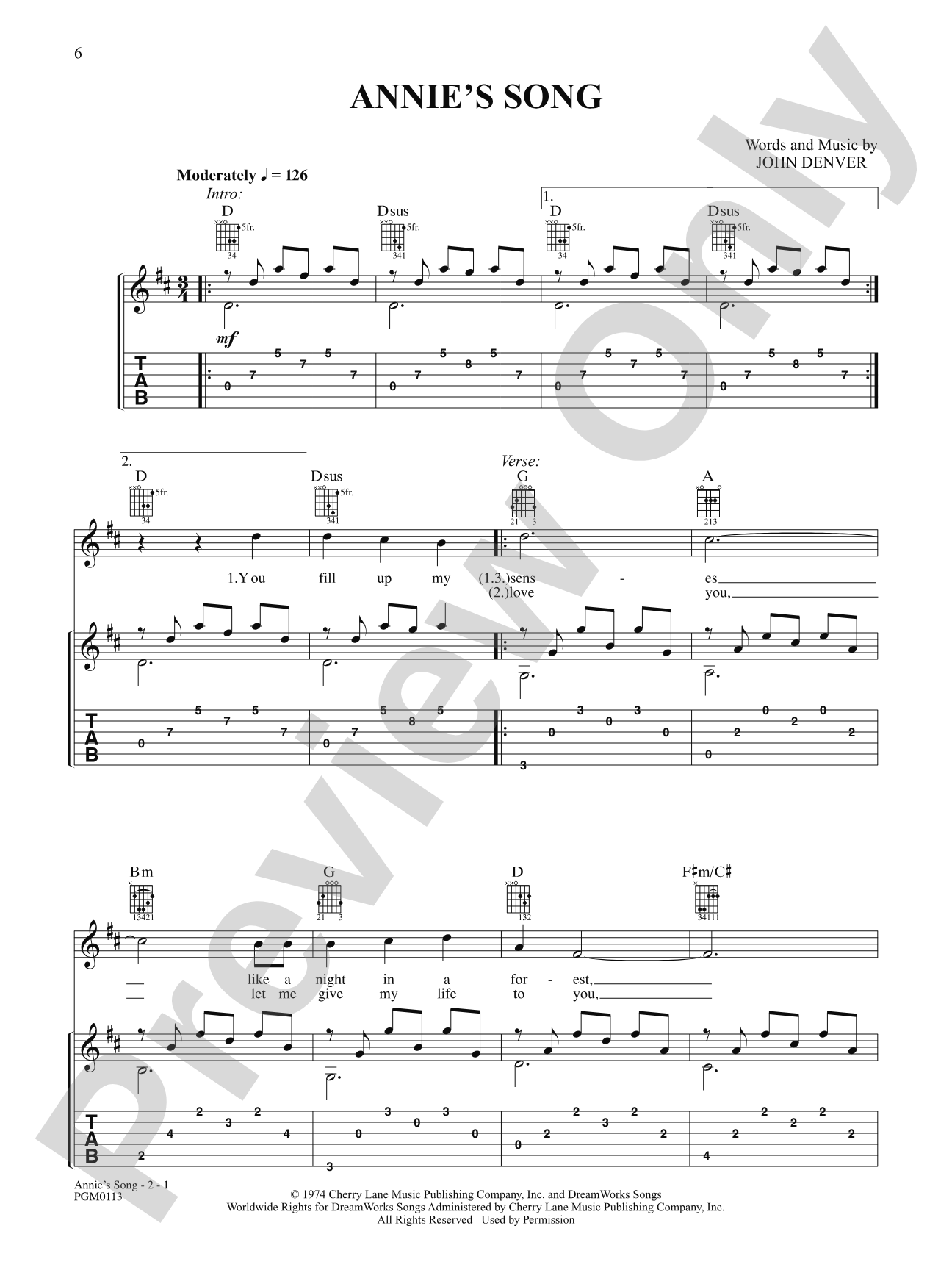 Annie's Song: Interm./Easy Guitar TAB