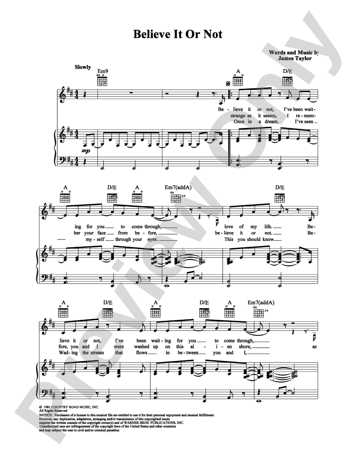 Believe It Or Not: Piano/Vocal/Chords Digital Sheet Music
