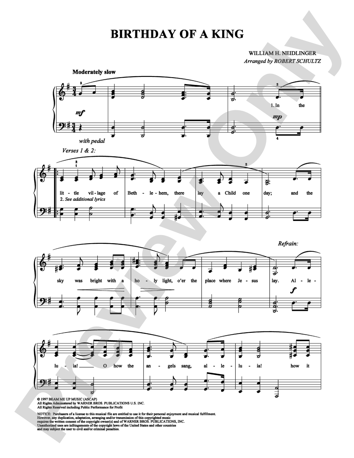 Birthday of a King: Piano/Vocal/Chords Digital Sheet Music