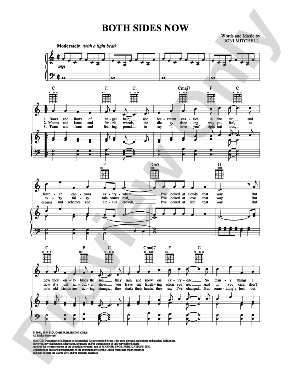 Both Sides Now: Piano/Vocal/Chords Digital Sheet Music