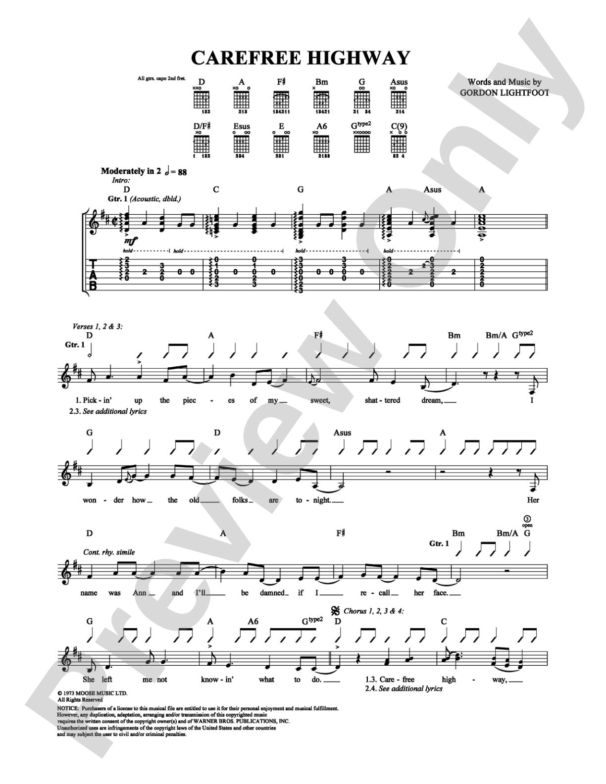 Carefree Highway: Guitar TAB Digital Sheet Music