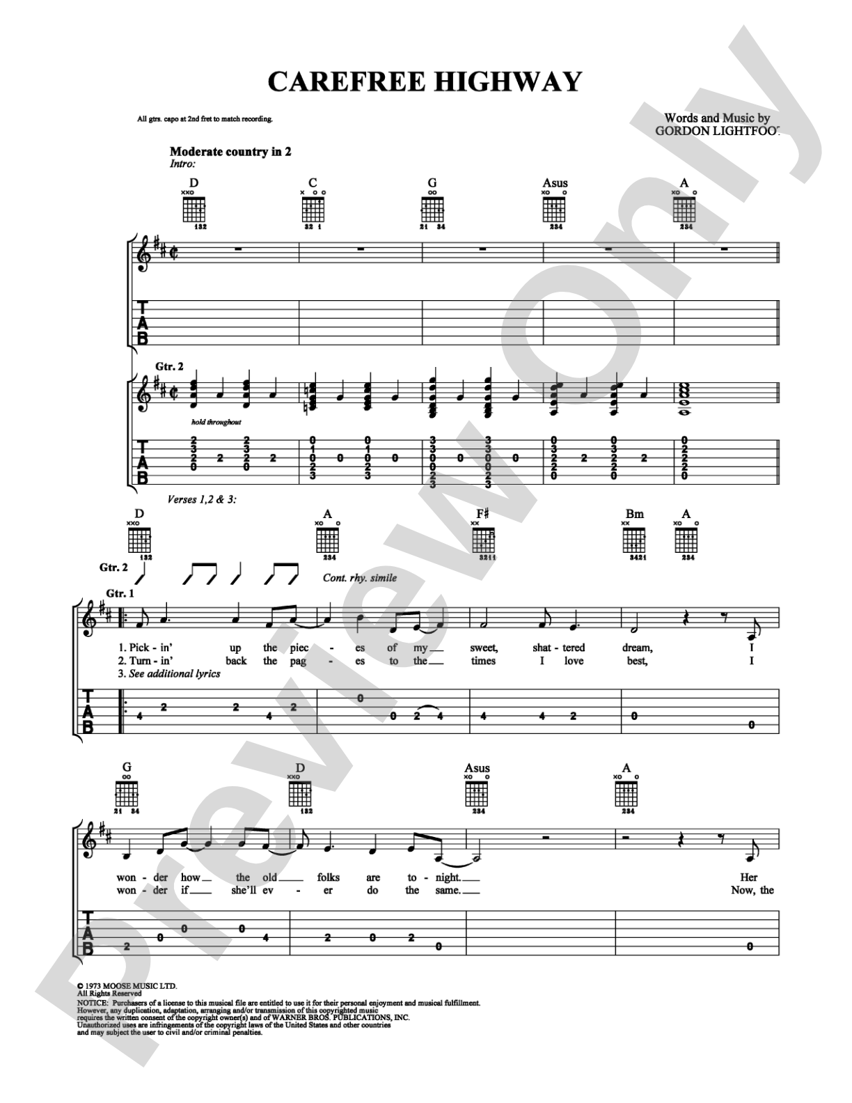 Carefree Highway: Easy Guitar Digital Sheet Music