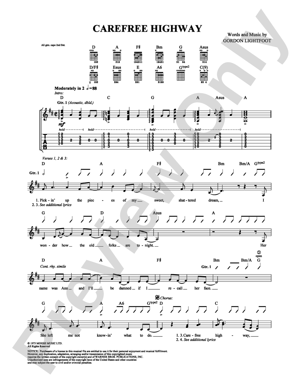 Carefree Highway: Guitar TAB Digital Sheet Music