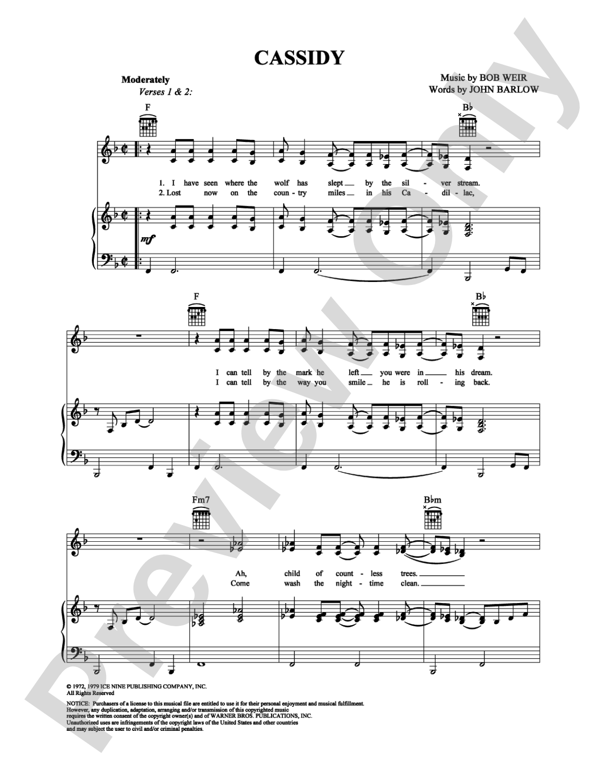 Cassidy: Piano/Vocal/Chords Digital Sheet Music
