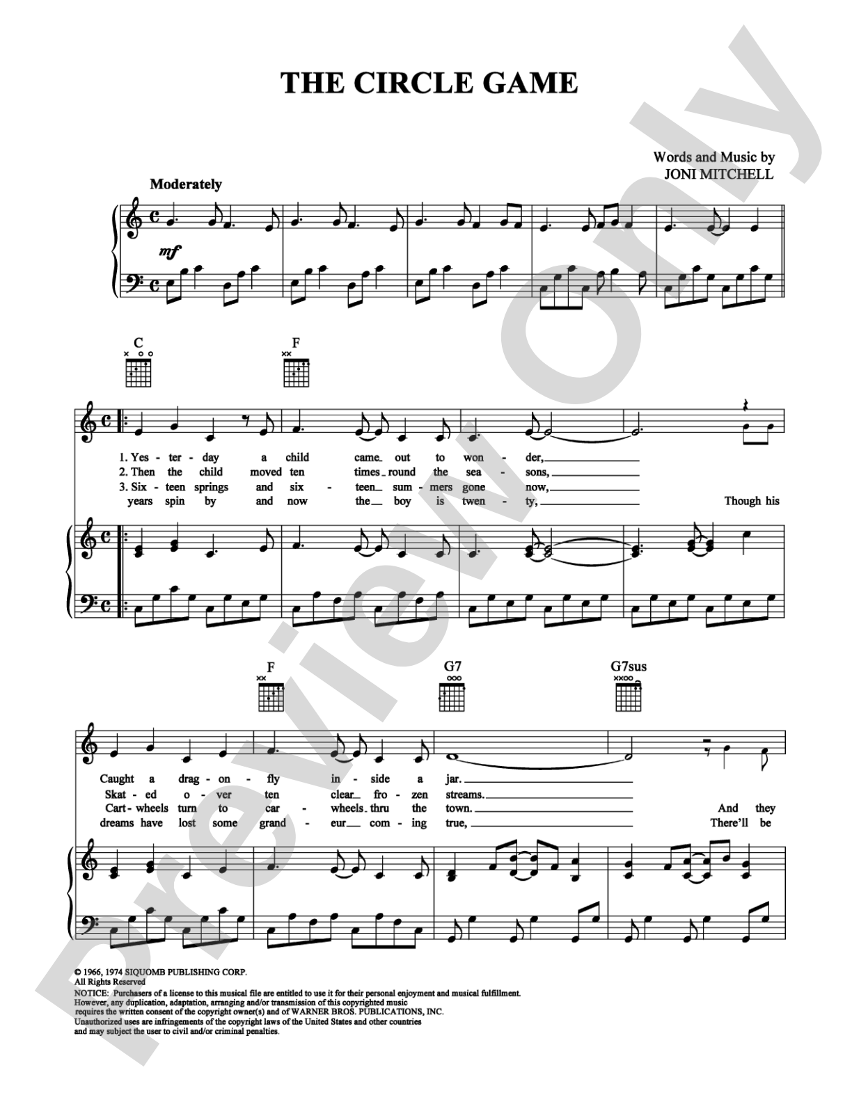 The Circle Game: Piano/Vocal/Chords Digital Sheet Music