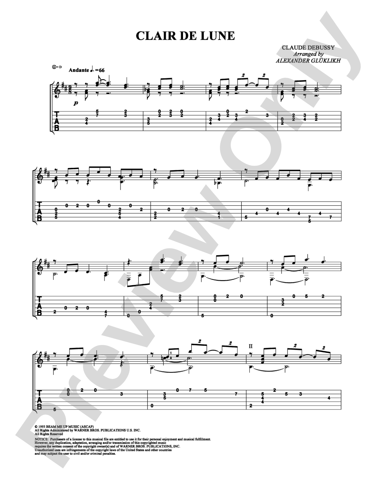 Clair de Lune: Guitar TAB Digital Sheet Music