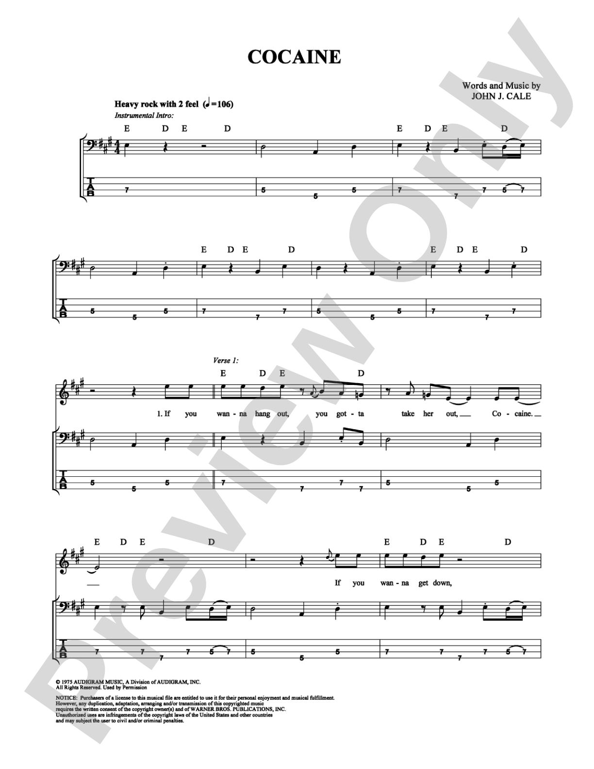 Cocaine: Bass TAB Digital Sheet Music