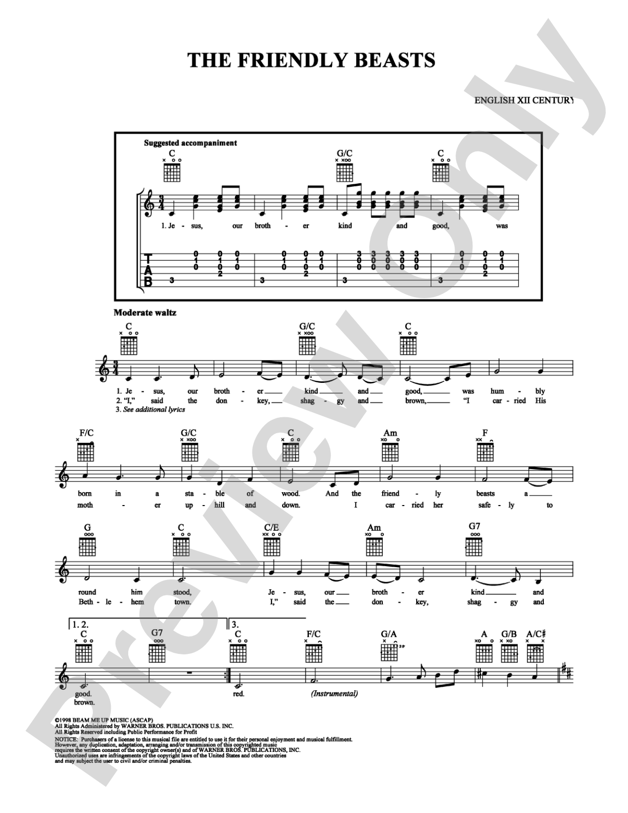The Friendly Beasts: Guitar TAB Digital Sheet Music