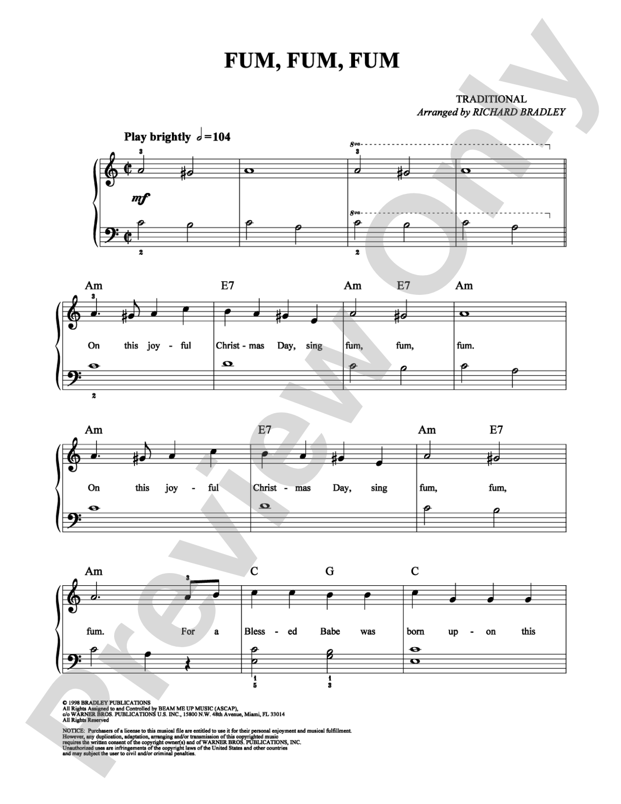 Fum, Fum, Fum: Easy Piano Digital Sheet Music
