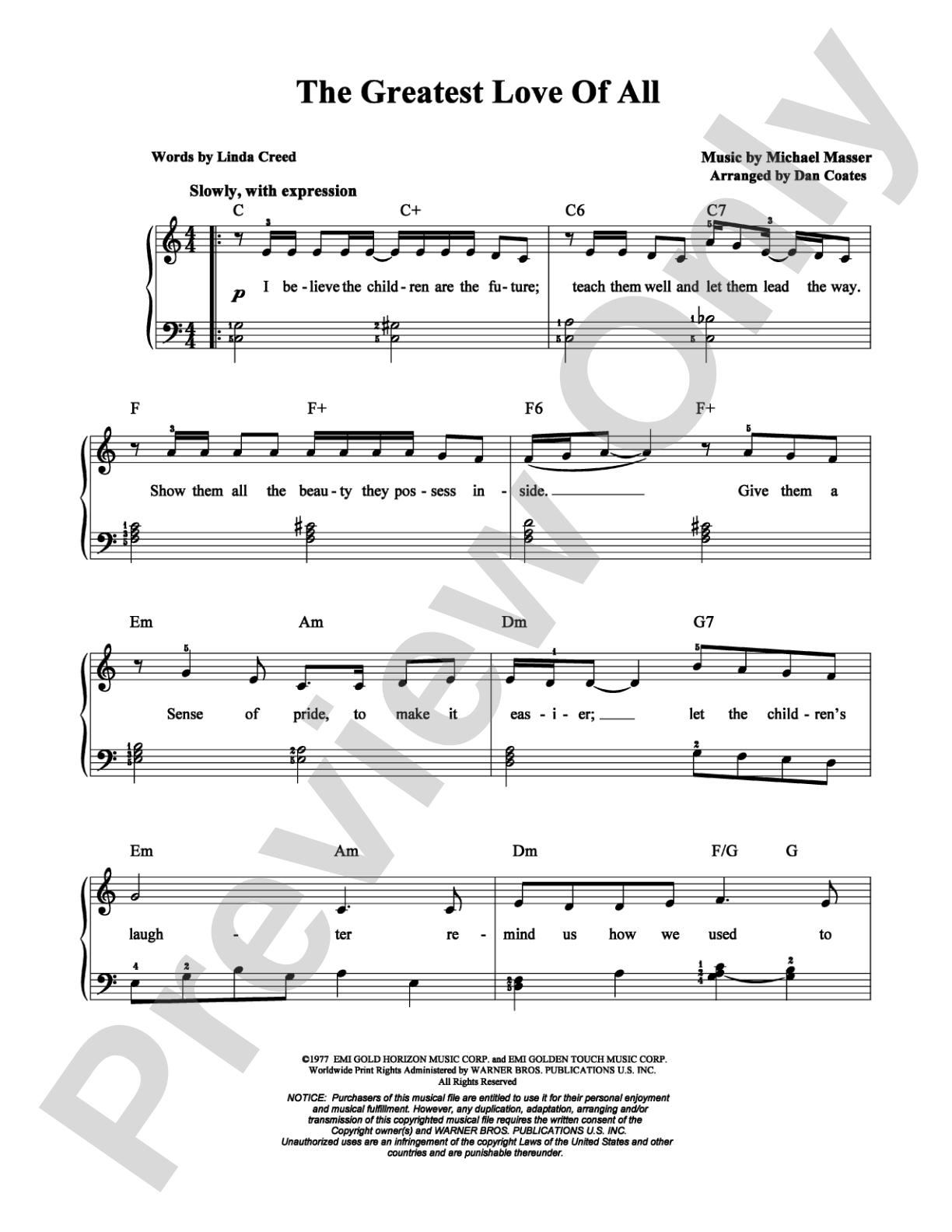 The Greatest Love of All: Easy Piano Digital Sheet Music