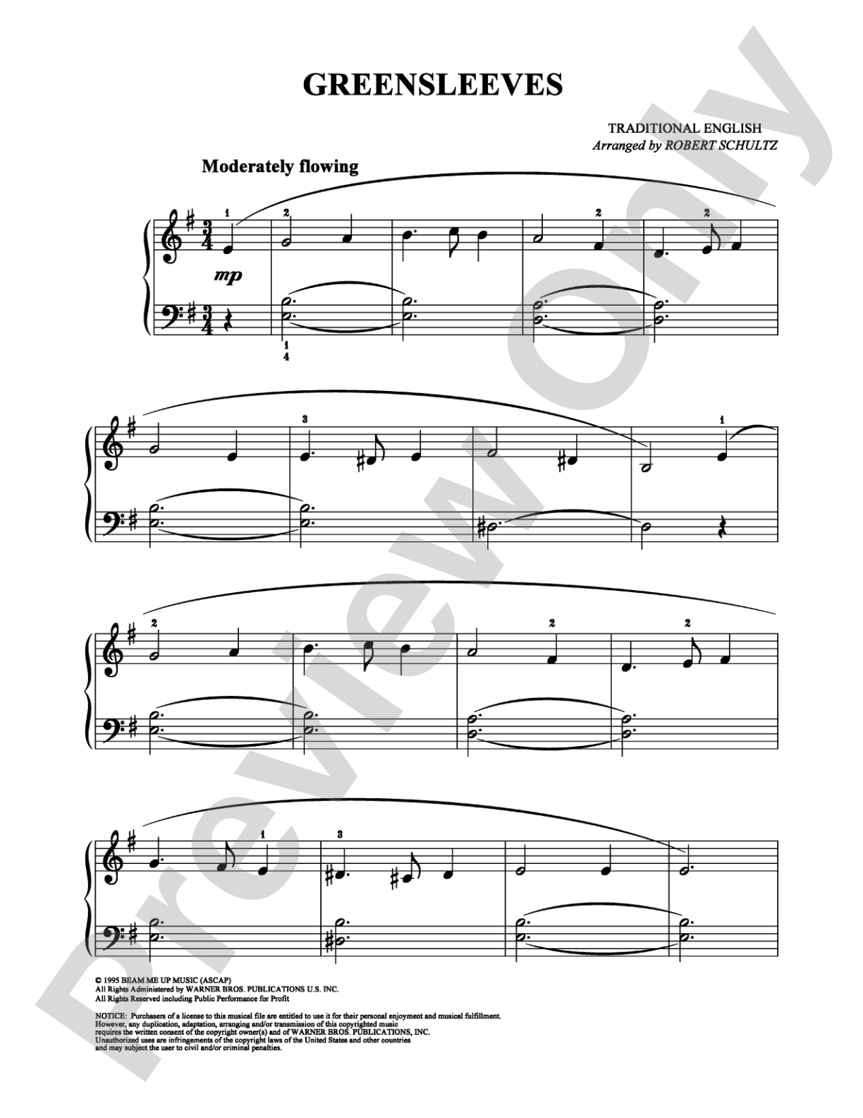 Greensleeves: Easy Piano Digital Sheet Music