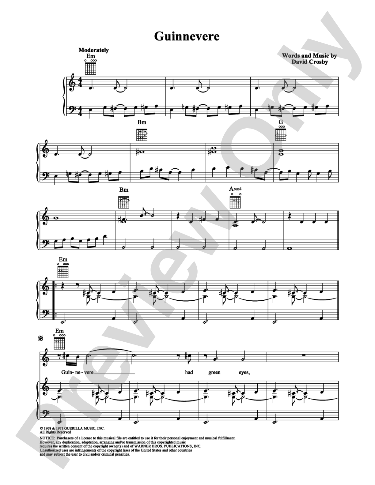 Guinnevere: Piano/Vocal/Chords Digital Sheet Music