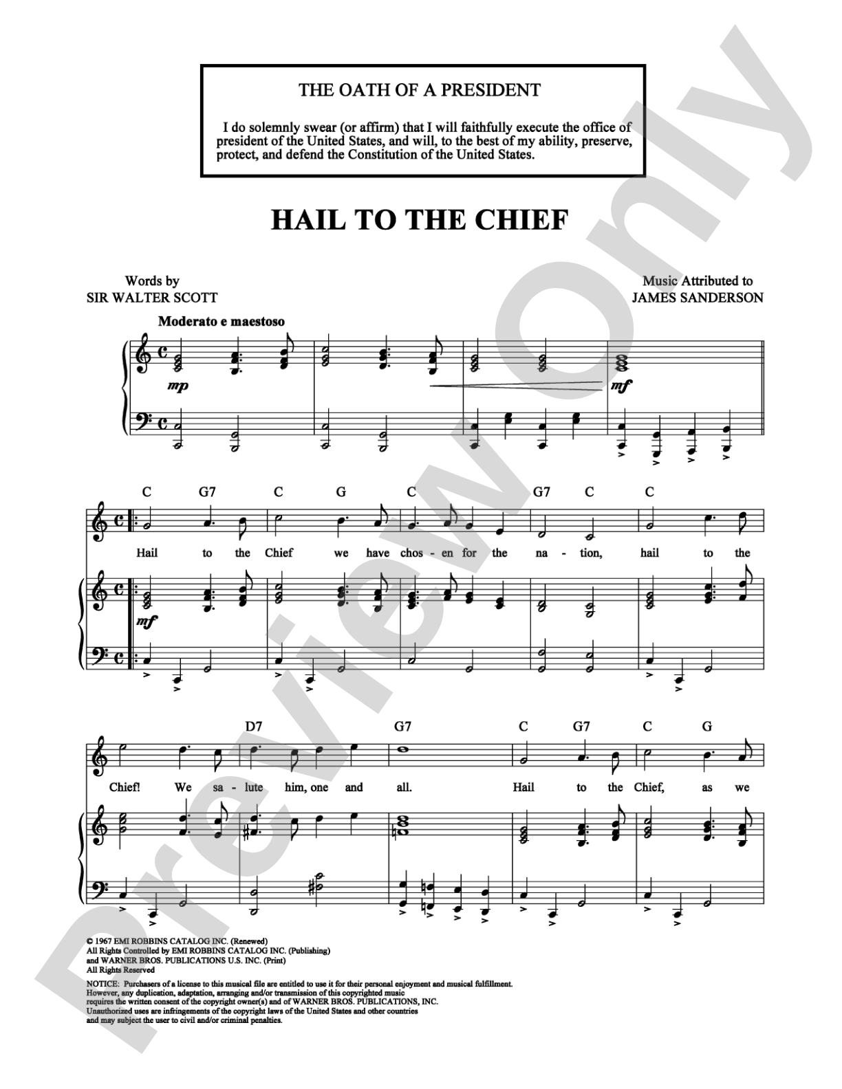Hail to the Chief: Piano/Vocal/Chords Digital Sheet Music