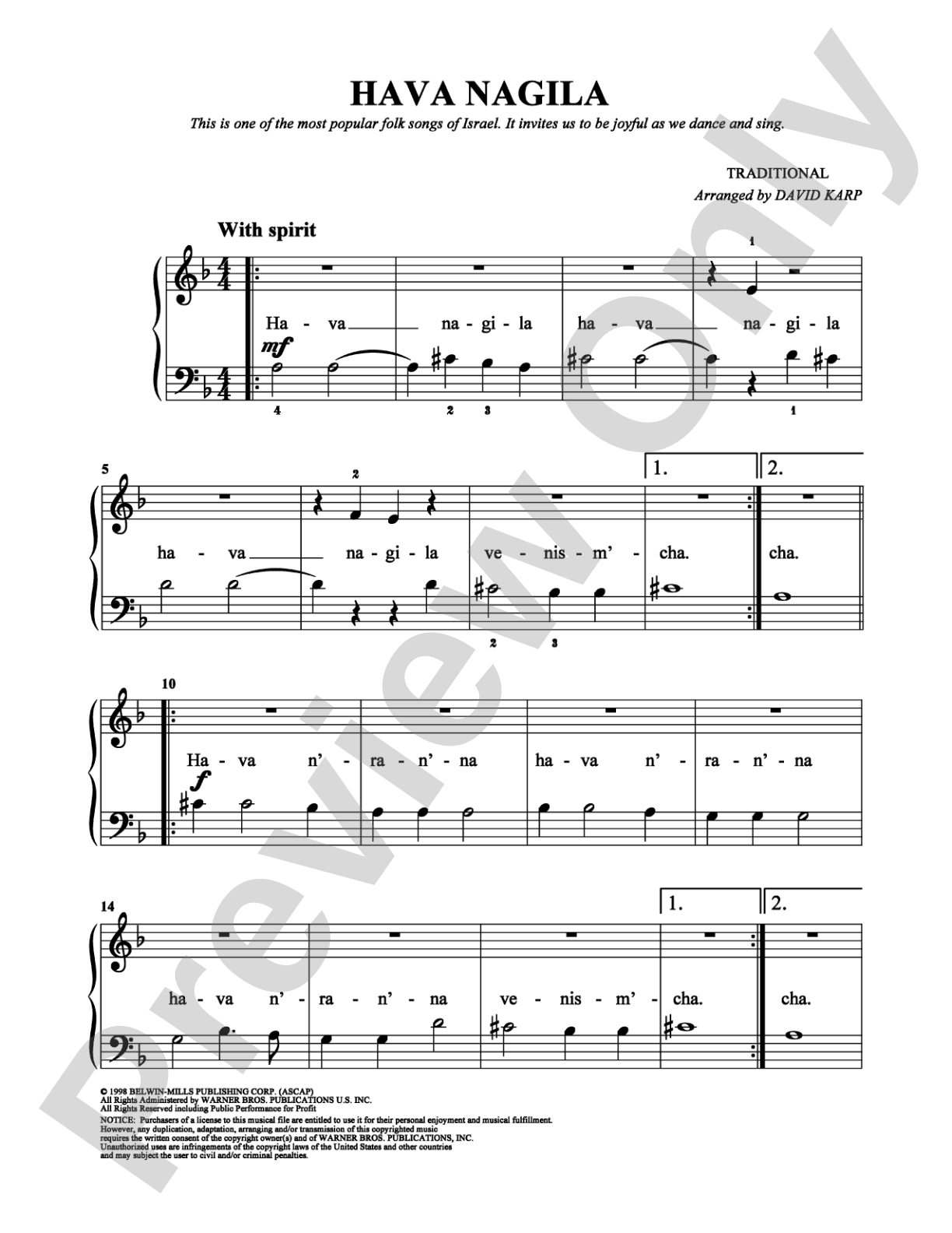 Hava Nagila: Easy Piano Digital Sheet Music
