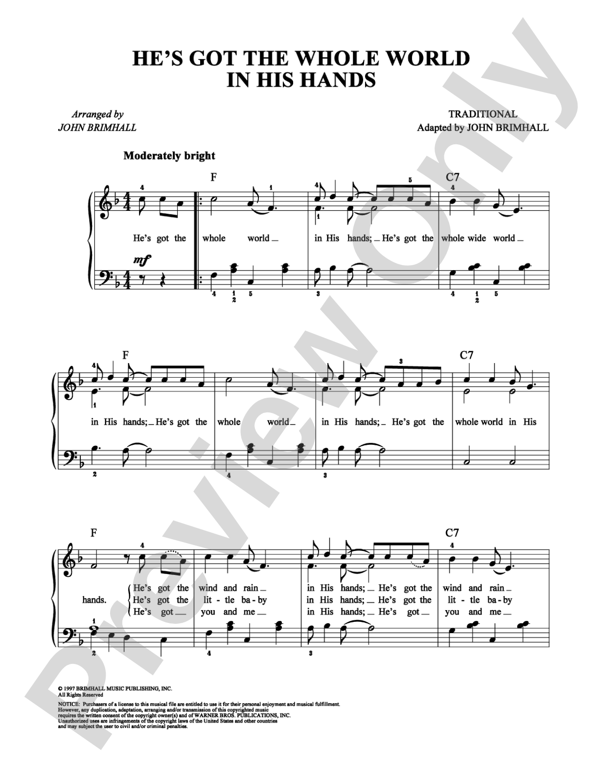 He's Got The Whole World In His Hands: Easy Piano Digital Sheet Music