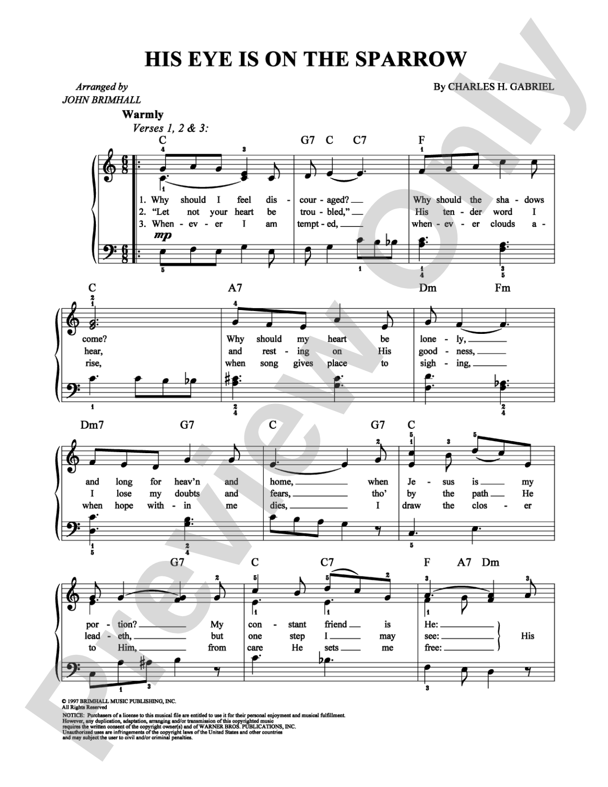 His Eye Is On the Sparrow: Easy Piano Digital Sheet Music