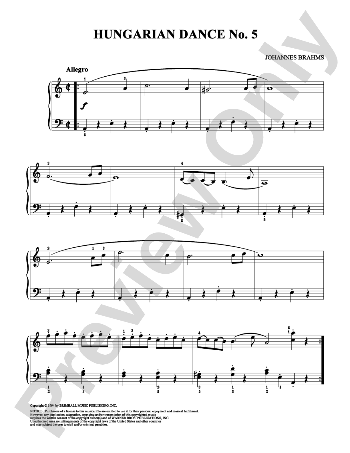 Hungarian Dance No. 5: Easy Piano Digital Sheet Music