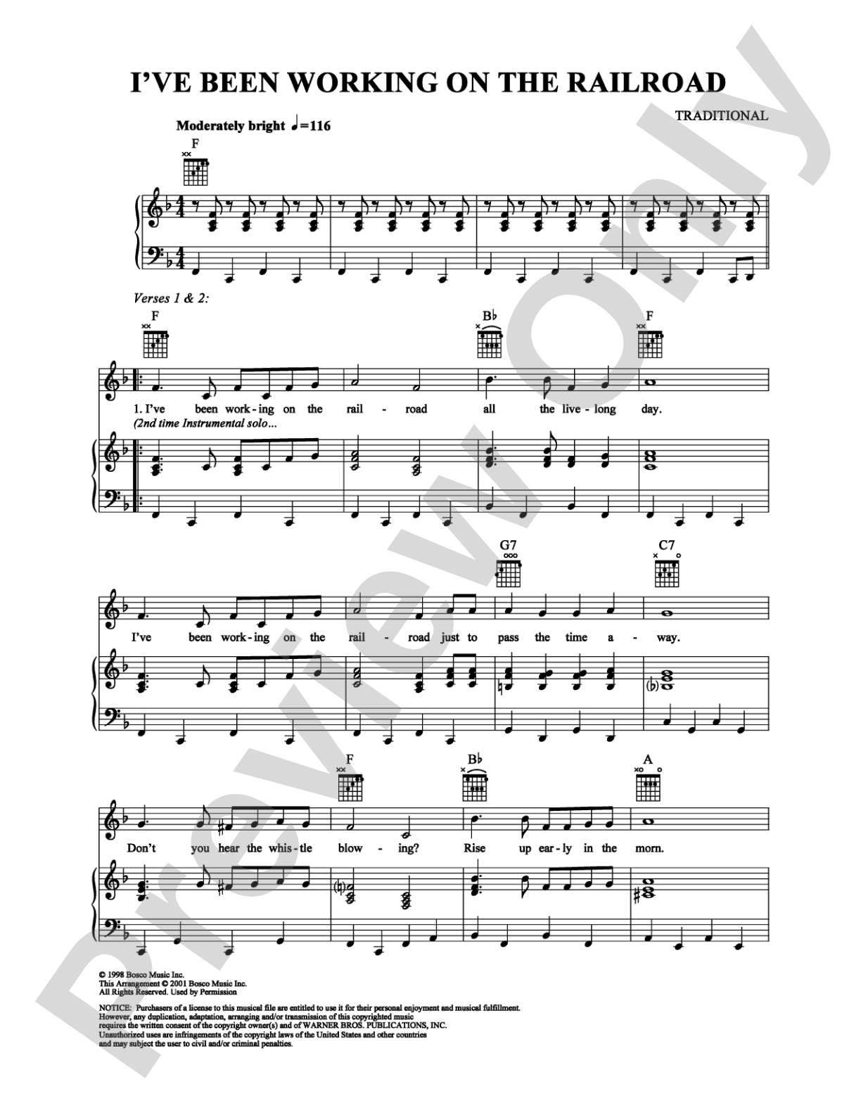I've Been Working on the Railroad: Piano/Vocal/Chords Digital Sheet Music