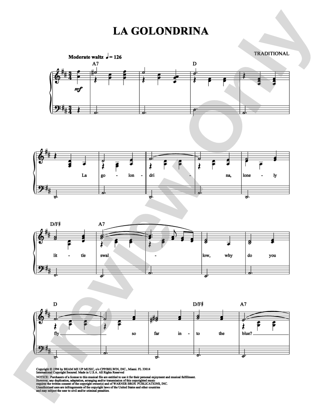La Golondrina: Piano/Vocal/Chords Digital Sheet Music