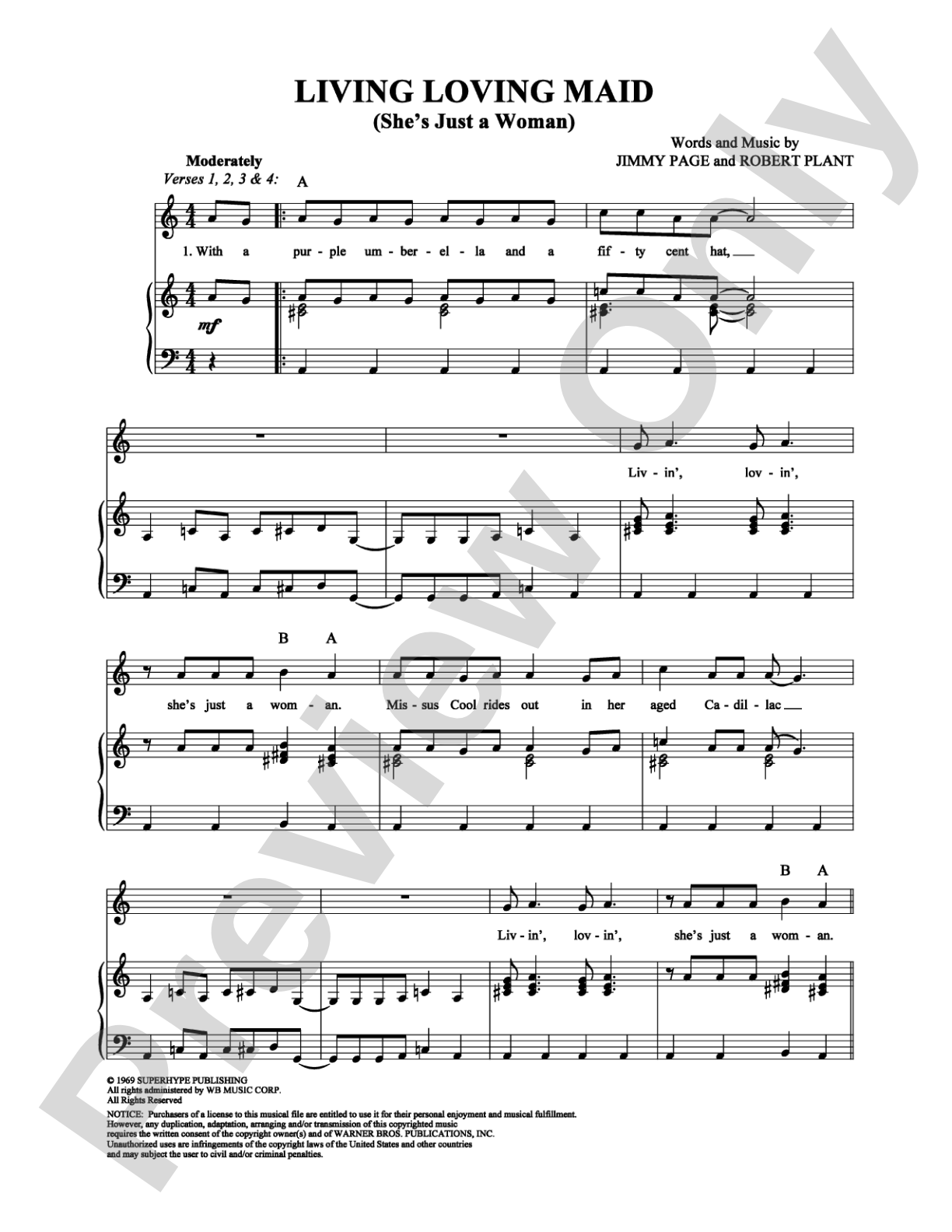 Living Loving Maid (She's Just a Woman): Piano/Vocal/Chords Digital Sheet Music