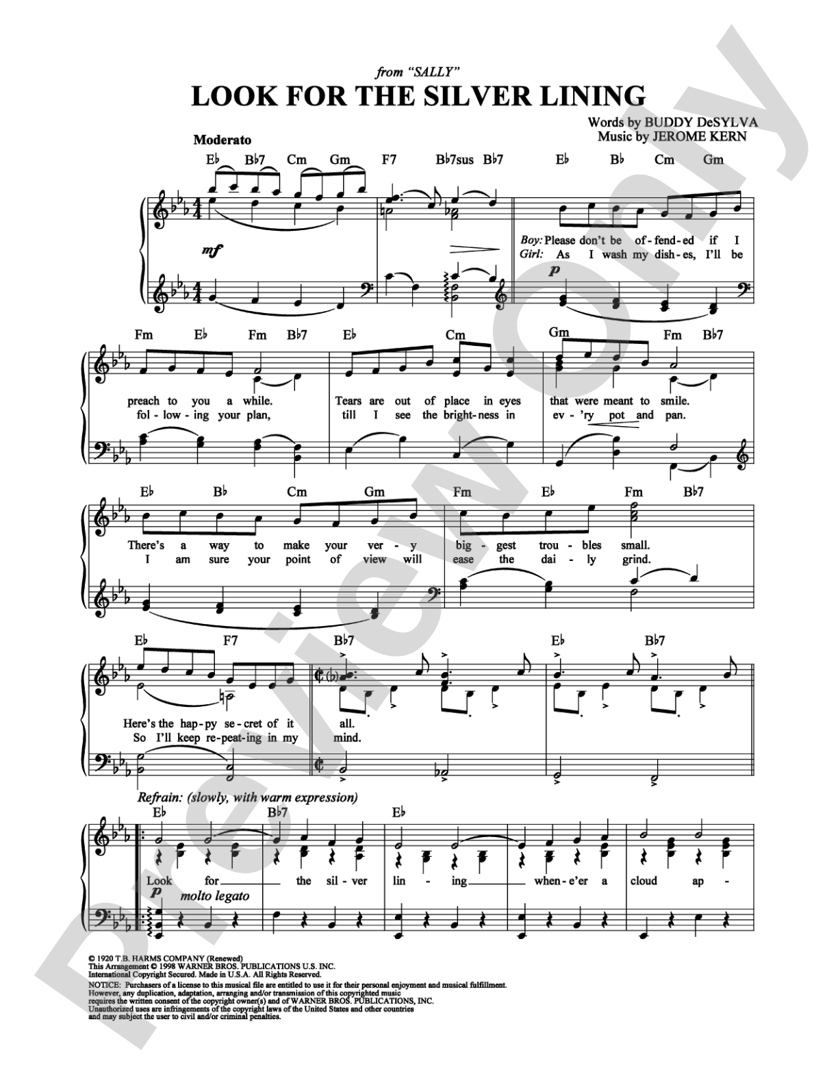 Look for the Silver Lining: Piano/Vocal/Chords Digital Sheet Music